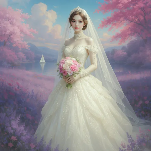 Prompt: This is a digital painting depicting a beautiful bride standing in a vibrant, fantastical landscape. The bride is the focal point, dressed in an elaborate, floor-length, white wedding gown adorned with intricate pearl and bead embroidery. The gown features a fitted bodice with a sweetheart neckline, and the skirt cascades in layers, embellished with pearls and beads that create a shimmering effect. She holds a large bouquet of pink and white roses, which complements the pearls on her dress. A long, sheer white veil flows from her head, which is adorned with a delicate, sparkling tiara.

The background is a dreamy, colorful landscape with a serene lake in the distance, surrounded by lush, purple wildflowers and pink cherry blossom trees. The sky above is a gradient of soft blues and pinks, with gentle, fluffy clouds. In the background, a small white sailboat is visible on the lake, adding to the idyllic setting. The ground is covered in purple flowers, which contrast beautifully with the pink trees and the bride's gown. The overall style of the painting is highly detailed and realistic, with a romantic and whimsical atmosphere. The use of light and color creates a magical, ethereal feel.