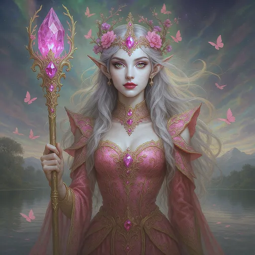 Prompt: This is a highly detailed digital fantasy artwork depicting a mystical elf-like woman standing by a serene, reflective lake. The background features a colorful, ethereal sky with swirling greens, purples, and pinks, and a distant, misty mountain range. Pink butterflies are gracefully floating around her, adding a sense of whimsy.

The central figure is a beautiful, fair-skinned female elf with long, flowing silver hair adorned with pink and purple flowers. Her pointed ears are prominent, and she has striking green eyes that glow with a magical light. She wears an ornate, jeweled crown with a large, pink gemstone at its center, and her head is surrounded by delicate, vine-like branches.

Her attire is an elaborate, pink, and gold-trimmed gown with intricate patterns and floral embellishments. She holds a tall, ornate staff with a glowing, purple crystal at the top, which is adorned with more flowers and jewels. The staff has an elaborate, decorative design with gold and pink elements.

The texture of her hair and gown is smooth and flowing, contrasting with the more rigid, detailed textures of her crown and staff. The overall style is reminiscent of fantasy art, with a focus on magical realism and detailed, vibrant colors.