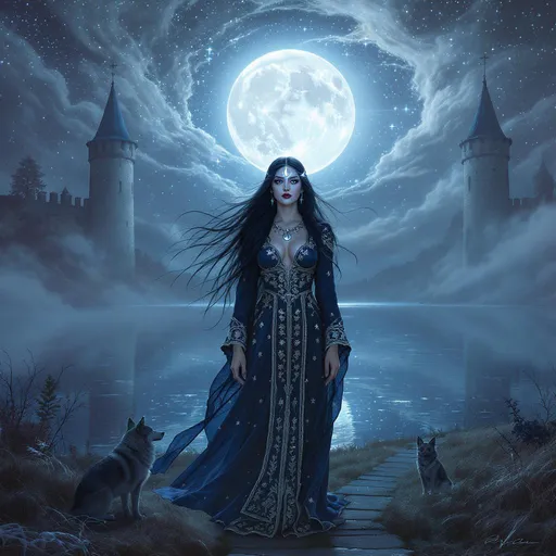Prompt: Una mujer enigmática con largo cabello oscuro y suelto, vestida con una túnica azul noche bordada con estrellas plateadas. Se encuentra de pie junto a un lago que refleja la luna llena, luminosa y mágica, en el cielo. Lleva una media luna en la frente y otra en el pecho. Detrás de ella, dos torres antiguas se alzan a ambos lados del paisaje. A sus pies, un sendero sinuoso se extiende entre la niebla, custodiado por un lobo y un perro. La atmósfera es etérea, con nubes suaves, reflejos plateados en el agua y una sensación de intuición, misterio y profundidad emocional. Arte digital con estilo onírico y romántico, tonos azulados y plateados, aura mágica.
