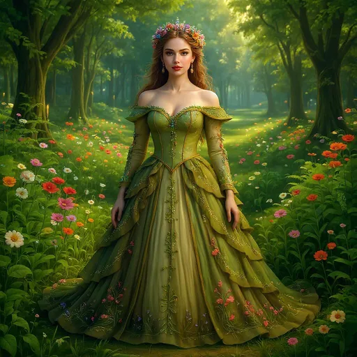 Prompt: bellísima imagen en un campo con muchas flores y helechos 