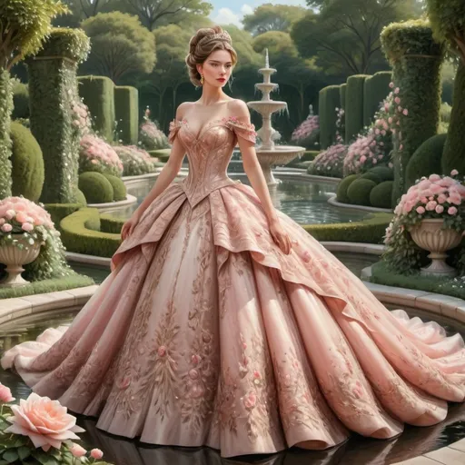 Prompt: PROMPT 

A glamorous woman in a lush garden wears an extravagant ball gown in shades of rose, blush, and ivory. The gown is adorned with intricate embroidery, sparkling jewels, and delicate floral details. She stands gracefully by a reflecting pool, surrounded by manicured hedges and blooming flowers. Airbrush oil painting

If you share, use my share button please, if you're happy and you know it hit a like Or comment to show it 🥰✌️