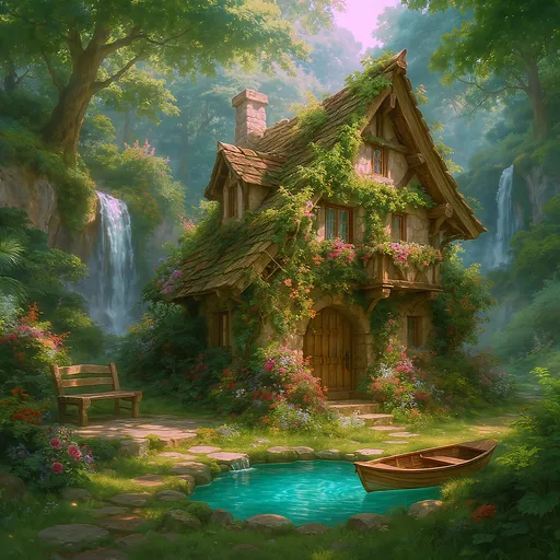 Prompt: This is a digitally created, highly detailed fantasy illustration depicting a magical, forested cottage scene. At the center is a charming, two-story stone cottage with a steep, shingled roof and wooden trim. The cottage is partially covered in lush green ivy and surrounded by vibrant, colorful flowers, including pink and white roses. To the left of the cottage is a small, irregularly shaped stone-paved patio with a wooden bench. In front of the cottage, there is a quaint, round, turquoise pond with a stone edge, and a small wooden rowboat rests on its grassy bank. The background features a dense, verdant forest with towering trees and a serene, misty atmosphere. Two gentle waterfalls cascade down rocky cliffs, adding a sense of tranquility and magic to the scene. The sunlight filters through the trees, creating a dappled light effect on the cottage and surrounding foliage. The overall style is whimsical and enchanting, with a focus on vibrant colors, detailed textures, and a serene, idyllic atmosphere.