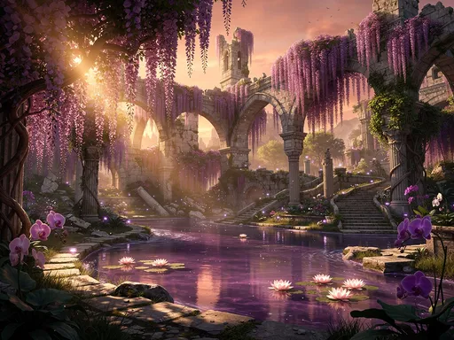 Prompt: Prompt definitivo absoluto de ruinas mágicas:
"Paisaje de fantasía épico y cinematográfico, ultra detallado y mágico. Ruinas antiguas cubiertas de glicinias fucsias en abundancia, cayendo en cascadas sobre arcos, muros derruidos y jardines pequeños, creando un efecto envolvente y encantado. Un río cristalino de tono púrpura serpentea entre las ruinas, reflejando la luz cálida del atardecer y generando destellos brillantes sobre pétalos, hojas y piedras. Sobre el agua flotan delicados lotos y orquídeas luminosas que emiten un resplandor etéreo y mágico. Vegetación frondosa y enredaderas rodean todo el escenario, mientras rayos de luz atraviesan las glicinias colgantes, creando un juego de sombras, reflejos y profundidad que intensifica la sensación de inmersión. Todo el paisaje transmite misterio, serenidad y emoción pura, como un lugar secreto y encantado donde la naturaleza, la luz y la magia se entrelazan, invitando a perderse y soñar dentro de este mundo de fantasía vivo, perfecto y absolutamente sobrecogedor."
