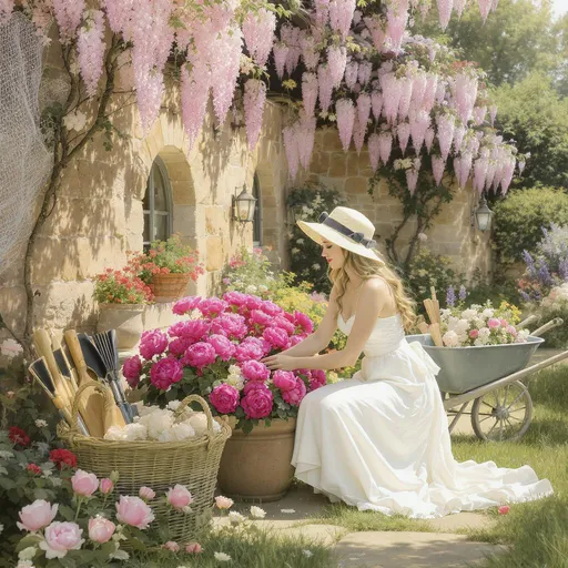 Prompt: PROMPT 

Beautiful Rosewood Cottage
A woman in a flowing cream dress and sunhat kneels beside a rose-covered trellis, planting bright pink peonies in a terracotta pot. Behind her, a stone cottage peeks through hanging wisteria, and a wheelbarrow brims with garden tools and fresh blooms.airbrush oil painting 

If you share, use my share button please, if you're happy and you know it hit a like Or comment to show it 🥰✌️
