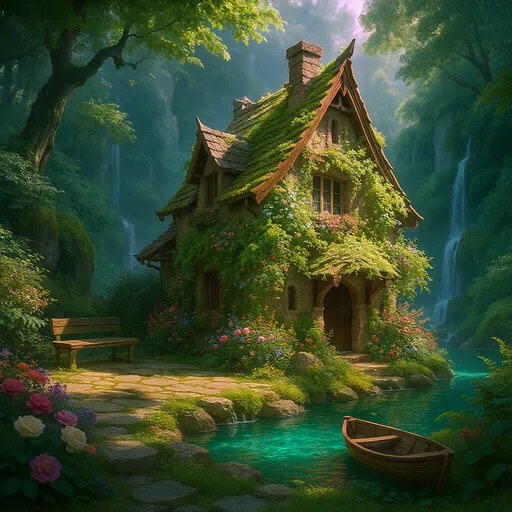 Prompt: This is a digitally created, highly detailed fantasy illustration depicting a magical, forested cottage scene. At the center is a charming, two-story stone cottage with a steep, shingled roof and wooden trim. The cottage is partially covered in lush green ivy and surrounded by vibrant, colorful flowers, including pink and white roses. To the left of the cottage is a small, irregularly shaped stone-paved patio with a wooden bench. In front of the cottage, there is a quaint, round, turquoise pond with a stone edge, and a small wooden rowboat rests on its grassy bank. The background features a dense, verdant forest with towering trees and a serene, misty atmosphere. Two gentle waterfalls cascade down rocky cliffs, adding a sense of tranquility and magic to the scene. The sunlight filters through the trees, creating a dappled light effect on the cottage and surrounding foliage. The overall style is whimsical and enchanting, with a focus on vibrant colors, detailed textures, and a serene, idyllic atmosphere.