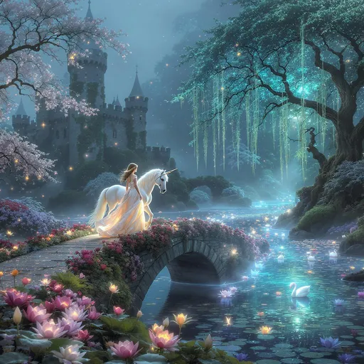 Prompt: “Una princesa con un vestido fluido cruza un antiguo puente de piedra cubierto de flores junto a un unicornio blanco. Al fondo se alza un castillo envuelto en hiedra. Detrás del castillo, un bosque encantado emerge entre la niebla, iluminado por luciérnagas que flotan en el aire. Al otro lado del puente, la princesa y el unicornio se acercan a un lago mágico rodeado de nenúfares brillantes, cisnes blancos y pequeñas hadas danzando entre la vegetación resplandeciente.”