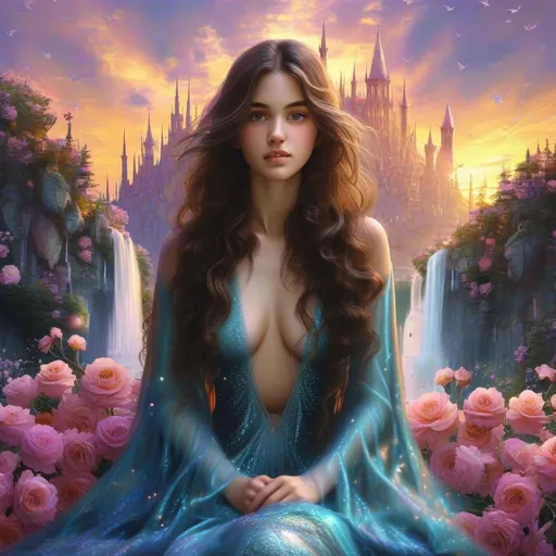 Prompt: This is a digitally created fantasy artwork featuring a stunning scene. At the center, a young woman with long, wavy brown hair and fair skin sits gracefully in a large, open human hand. She is dressed in a shimmering, teal blue, deep V-neck gown that drapes elegantly to the ground. Her expression is serene and slightly enigmatic. Surrounding her in the hand are numerous lavender and pink roses, adding a touch of softness and romance to the image.

In the background, there is a majestic, purple castle with numerous spires and turrets, perched on a cliff. The castle is adorned with lush greenery and vibrant orange flowers at its base. Two cascading waterfalls flank the castle, adding a dynamic element to the otherwise serene setting. The sky above is a gradient of warm colors, transitioning from orange and pink near the horizon to deep purple and blue higher up, suggesting a sunset or sunrise.

The entire scene is highly detailed and vibrant, with a magical and surreal quality. The artist has used a combination of realistic and fantastical elements to create a dreamlike atmosphere. The image is signed "Imagines Infinity" in the bottom right corner.