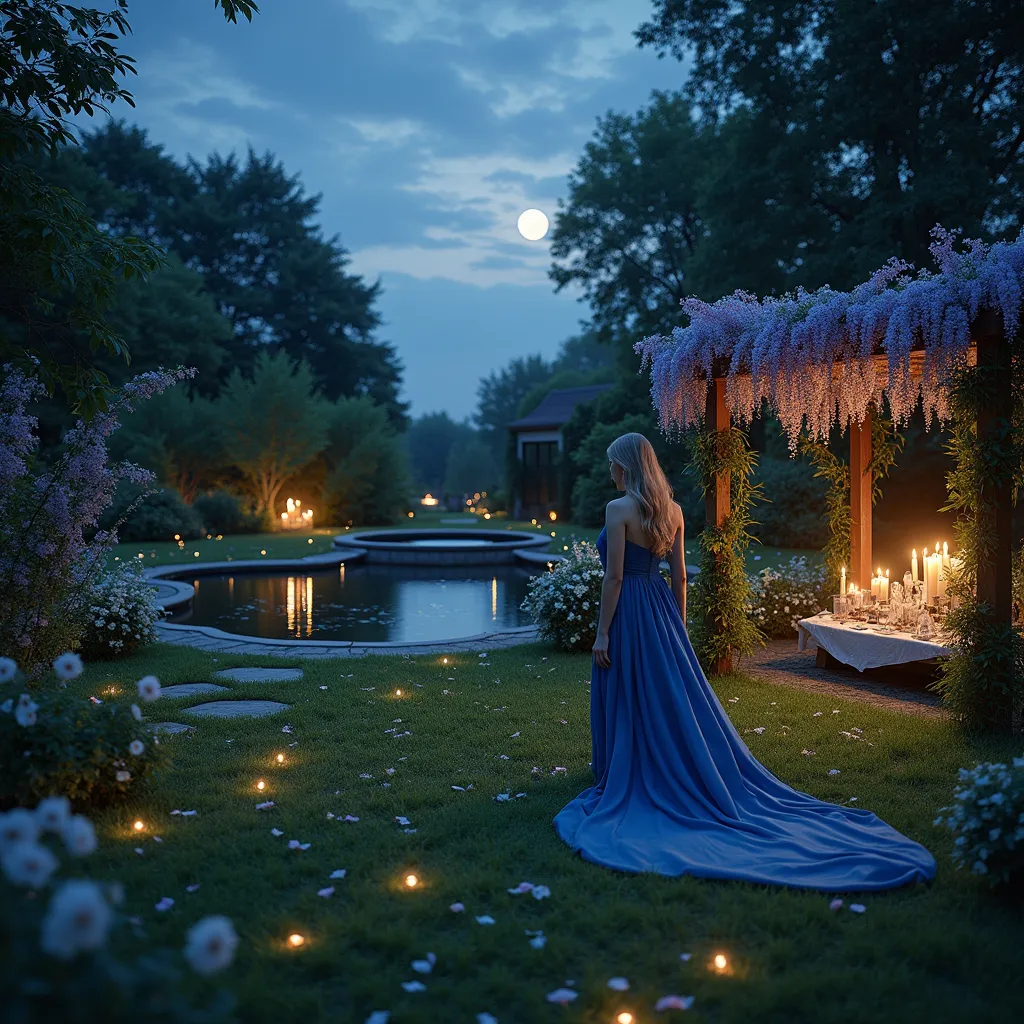 Prompt: Al anochecer, el jardín se transforma en un rincón encantado iluminado por la luz plateada de la luna llena. Entre arcos de flores que brillan tenuemente y caminos de pétalos, una dama vestida con un vestido azul profundo camina descalza sobre el césped húmedo, rodeada por luciérnagas doradas. A lo lejos, un pequeño estanque refleja el cielo estrellado, y cerca de él, una pérgola cubierta de glicinas sirve como altar sagrado decorado con velas, cristales y ofrendas florales. Se siente una calma mística en el aire, como si la noche le estuviera cantando una bendición suave y eterna."
