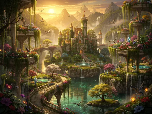 Prompt: 
Prompt épico absoluto de fantasía paradisíaca:
"Paisaje de fantasía de ensueño, ultra detallado, cinematográfico y absolutamente mágico. Jardines flotantes en múltiples niveles, cubiertos de flores exóticas de colores intensos y enredaderas colgantes que caen como cortinas naturales. Puentes de piedra suspendidos conectan islotes verdes, acantilados suaves y jardines colgantes adicionales, formando un laberinto de caminos sobre un río cristalino que serpentea, reflejando la luz dorada del atardecer y destellos de turquesa y esmeralda. Ríos se cruzan formando pequeños lagos secretos, creando una sensación de mundo vivo y completo. Montañas majestuosas al fondo con cascadas brillantes y niebla ligera que añade misterio y profundidad infinita. Un castillo antiguo cubierto de hiedra se alza entre colinas verdes y árboles frondosos, rodeado de fuentes, lagos pequeños y jardines flotantes a distintas alturas. Reflejos de luz en el agua, en hojas y pétalos crean un efecto mágico y vibrante. Aves vuelan suavemente entre la vegetación. Todo el escenario transmite paz, asombro y emoción pura, como un paraíso vivo, cinematográfico y maravilloso, donde cada detalle invita a perderse, explorar y soñar dentro de este mundo perfecto e interminable, como un cuadro vivo que se siente infinito."