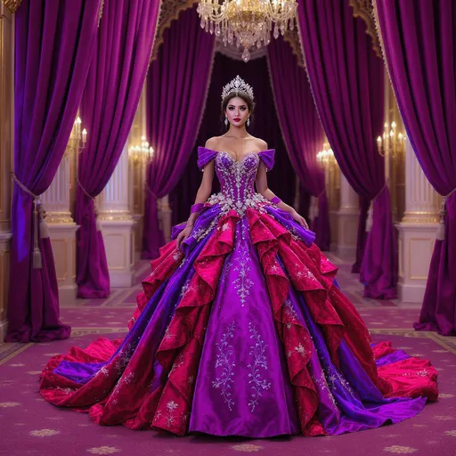 Prompt: PROMPT 

A stunning woman stands in a grand hall adorned with purple curtains, wearing an elaborate purple and crimson ball gown. The dress features cascading ruffles, jeweled accents, and vibrant floral embellishments, creating a magical, fairy-tale elegance. 

If you share, use my share button please, if you're happy and you know it hit a like Or comment to show it 🥰✌️