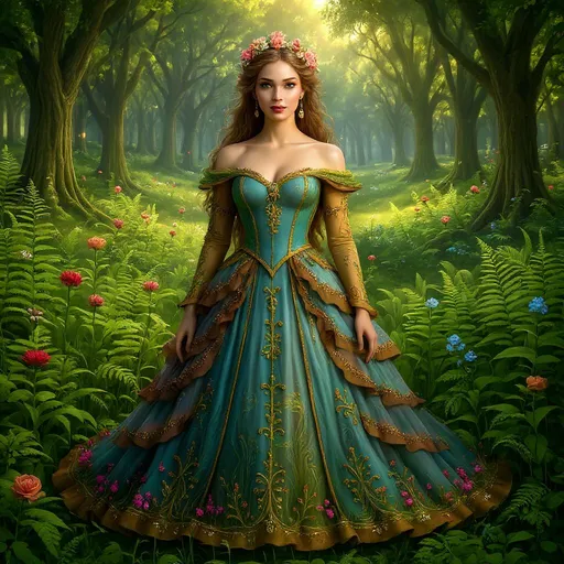 Prompt: bellísima imagen en un campo con muchas flores y helechos 