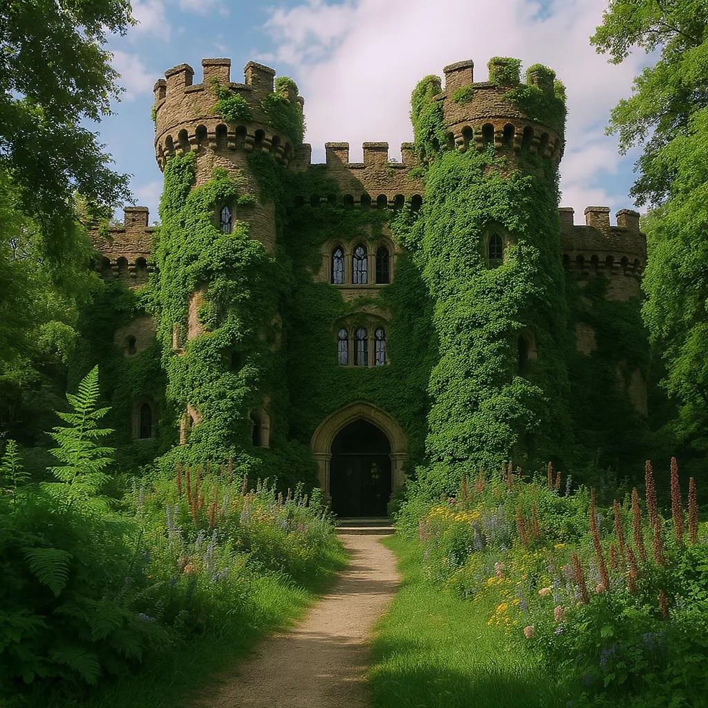 Prompt: Un castillo medieval con hiedras helechos y muchas flores 