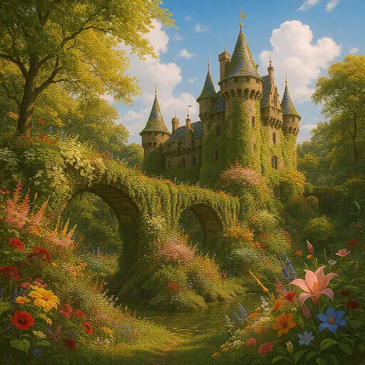 Prompt: Un paisaje precioso de un castillo con muchas hiedras ,flores , flores exóticas 