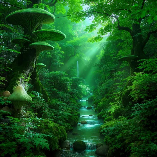 Prompt: In a lush, mystical forest, vibrant shades of green envelop towering trees adorned with peculiar mushroom-like growths, creating an enchanting atmosphere. A narrow, winding stream glimmers as it meanders through the underbrush, reflecting the ethereal light cascading down from above, where rays pierce through the dense canopy. The scene is rich with textured foliage and intricate details, inviting a sense of wonder and serenity. The overall composition balances the vivid colors and soft light, crafting a surreal yet harmonious woodland vista that evokes a dreamy, tranquil narrative. This captivating landscape feels like a hidden sanctuary, alive with the essence of nature's magic.