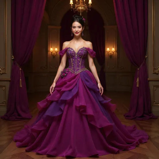 Prompt: PROMPT 

A stunning woman stands in a grand hall adorned with purple curtains, wearing an elaborate purple and crimson ball gown. The dress features cascading ruffles, jeweled accents, and vibrant floral embellishments, creating a magical, fairy-tale elegance. 

If you share, use my share button please, if you're happy and you know it hit a like Or comment to show it 🥰✌️