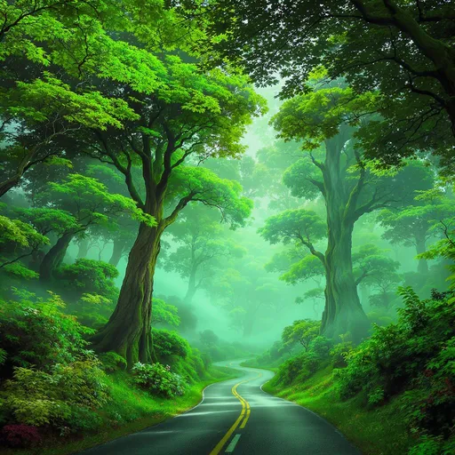 Prompt: A surreal landscape unfolds beneath a lush canopy, where towering trees seemingly rise from an upside-down world above. The vivid greenery bursts with life, showcasing vibrant leaves and unique trunk shapes that create a dreamlike atmosphere. A winding road curves gracefully through the scene, hinting at journeys yet to be taken, while the misty background adds a sense of mystery and tranquility. The interplay of light and shadow enhances the enchanting quality of the colors, inviting viewers into this imaginative realm where nature defies conventional boundaries and expectations. The overall mood conveys a sense of wonder, merging reality with fantasy in a captivating visual narrative.