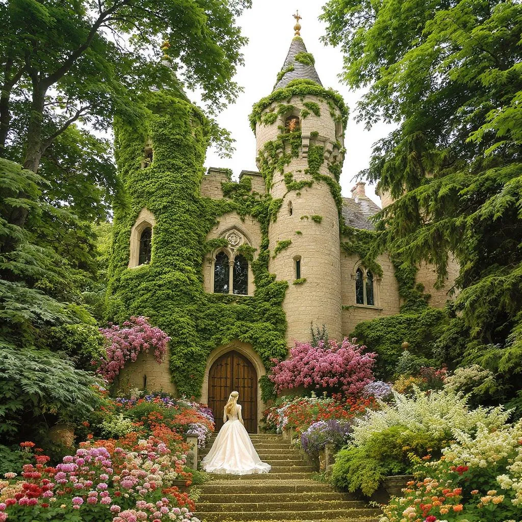 Prompt: Un castillo medieval con hiedras helechos , muchas flores de muchos colores y una princesa preciosa con ropas lindísimas y bellísimos árboles muy frondosos 