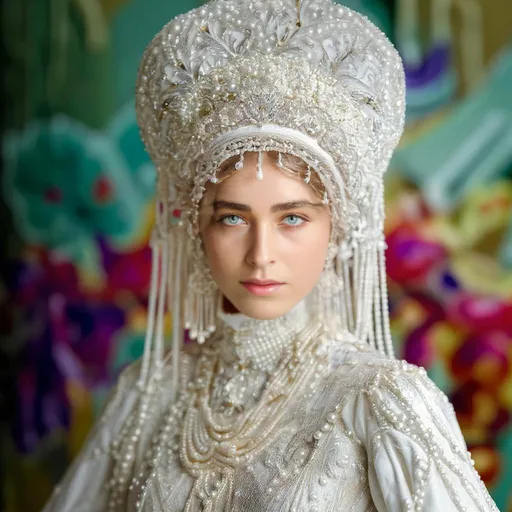 Prompt: With an ethereal presence, a young woman gazes intently at the viewer, her striking blue eyes radiating a sense of poise and confidence. She is adorned in an elaborate, pearl-studded outfit that features intricate embroidery and layers of shimmering beads, accentuating her delicate features and graceful demeanor. Her hair is elegantly styled and partially concealed under an ornate headpiece that resembles a crown, comprised of silver and pearls, adding to the overall regal appearance. The vibrant, blurred floral backdrop enhances the richness of her attire, creating a harmonious yet striking contrast that evokes a sense of cultural heritage and elegance. The warm, diffused lighting further elevates her features, encapsulating a timeless beauty that tells a story of tradition and artistry.