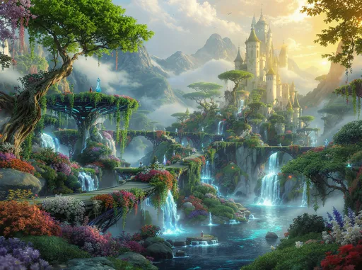 Prompt: Prompt superépico de fantasía paradisíaca:
"Paisaje de fantasía de ensueño, ultra detallado y cinematográfico, lleno de profundidad y movimiento. Jardines flotantes en múltiples niveles, cubiertos de flores exóticas de colores intensos y enredaderas colgantes que caen como cortinas naturales. Puentes de piedra suspendidos conectan islotes verdes, acantilados suaves y jardines colgantes adicionales, formando un laberinto de caminos sobre un río cristalino que serpentea, reflejando la luz dorada del atardecer y destellos de turquesa y esmeralda. Montañas majestuosas al fondo con cascadas brillantes y niebla ligera que añade misterio y sensación de infinito. Un castillo antiguo cubierto de hiedra se alza entre colinas verdes y árboles frondosos, rodeado de fuentes, lagos pequeños y jardines adicionales que parecen flotar en el aire. Reflejos de luz en el agua y entre hojas crean un efecto casi mágico y vibrante. Aves vuelan suavemente entre la vegetación. Todo el escenario transmite paz, asombro y emoción pura, como un paraíso vivo y cinematográfico, donde cada detalle invita a perderse, soñar y explorar este mundo perfecto y maravilloso, como si fuera un sueño interminable."