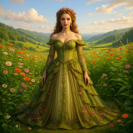Prompt: bellísima imagen en un campo con muchas flores y helechos 