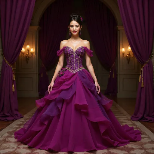 Prompt: PROMPT 

A stunning woman stands in a grand hall adorned with purple curtains, wearing an elaborate purple and crimson ball gown. The dress features cascading ruffles, jeweled accents, and vibrant floral embellishments, creating a magical, fairy-tale elegance. 

If you share, use my share button please, if you're happy and you know it hit a like Or comment to show it 🥰✌️