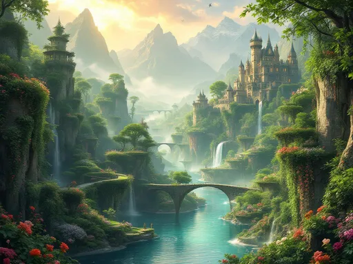 Prompt: Prompt superépico de fantasía paradisíaca:
"Paisaje de fantasía de ensueño, ultra detallado y cinematográfico, lleno de profundidad y movimiento. Jardines flotantes en múltiples niveles, cubiertos de flores exóticas de colores intensos y enredaderas colgantes que caen como cortinas naturales. Puentes de piedra suspendidos conectan islotes verdes, acantilados suaves y jardines colgantes adicionales, formando un laberinto de caminos sobre un río cristalino que serpentea, reflejando la luz dorada del atardecer y destellos de turquesa y esmeralda. Montañas majestuosas al fondo con cascadas brillantes y niebla ligera que añade misterio y sensación de infinito. Un castillo antiguo cubierto de hiedra se alza entre colinas verdes y árboles frondosos, rodeado de fuentes, lagos pequeños y jardines adicionales que parecen flotar en el aire. Reflejos de luz en el agua y entre hojas crean un efecto casi mágico y vibrante. Aves vuelan suavemente entre la vegetación. Todo el escenario transmite paz, asombro y emoción pura, como un paraíso vivo y cinematográfico, donde cada detalle invita a perderse, soñar y explorar este mundo perfecto y maravilloso, como si fuera un sueño interminable."