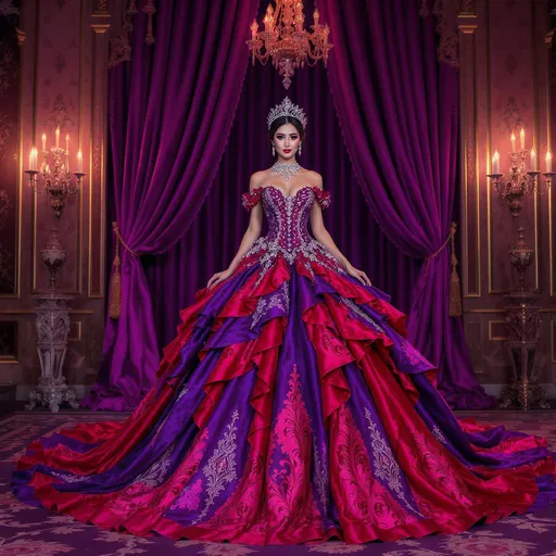 Prompt: PROMPT 

A stunning woman stands in a grand hall adorned with purple curtains, wearing an elaborate purple and crimson ball gown. The dress features cascading ruffles, jeweled accents, and vibrant floral embellishments, creating a magical, fairy-tale elegance. 

If you share, use my share button please, if you're happy and you know it hit a like Or comment to show it 🥰✌️
