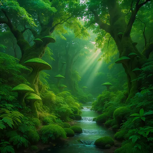 Prompt: In a lush, mystical forest, vibrant shades of green envelop towering trees adorned with peculiar mushroom-like growths, creating an enchanting atmosphere. A narrow, winding stream glimmers as it meanders through the underbrush, reflecting the ethereal light cascading down from above, where rays pierce through the dense canopy. The scene is rich with textured foliage and intricate details, inviting a sense of wonder and serenity. The overall composition balances the vivid colors and soft light, crafting a surreal yet harmonious woodland vista that evokes a dreamy, tranquil narrative. This captivating landscape feels like a hidden sanctuary, alive with the essence of nature's magic.