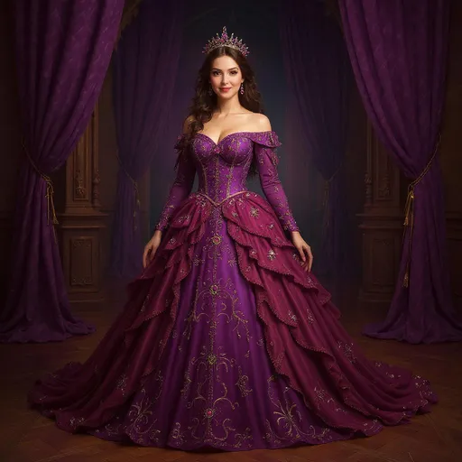 Prompt: PROMPT 

A stunning woman stands in a grand hall adorned with purple curtains, wearing an elaborate purple and crimson ball gown. The dress features cascading ruffles, jeweled accents, and vibrant floral embellishments, creating a magical, fairy-tale elegance. 

If you share, use my share button please, if you're happy and you know it hit a like Or comment to show it 🥰✌️