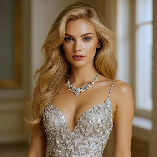 Prompt: A striking figure captivates with an air of confidence, showcasing luxurious, cascading golden hair that frames her face. Her mesmerizing blue eyes and poised expression suggest a blend of strength and elegance, while her elaborately designed dress features shimmering silver embellishments resembling foliage, accentuating her silhouette. Adorning her neck is a sparkling necklace that complements her outfit, reflecting the light in a dazzling display. Positioned in a softly lit space, likely indoors with natural light filtering through large windows, the overall composition exudes a glamorous yet serene atmosphere, perfectly marrying beauty and opulence.
