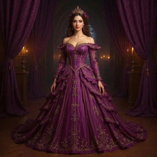 Prompt: PROMPT 

A stunning woman stands in a grand hall adorned with purple curtains, wearing an elaborate purple and crimson ball gown. The dress features cascading ruffles, jeweled accents, and vibrant floral embellishments, creating a magical, fairy-tale elegance. 

If you share, use my share button please, if you're happy and you know it hit a like Or comment to show it 🥰✌️
