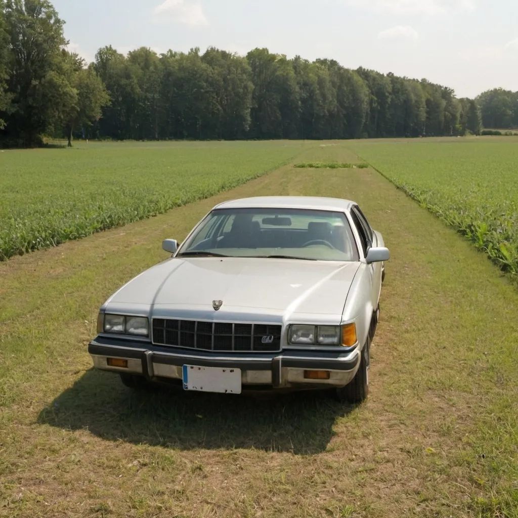 Prompt: A Car without a license plate on a field