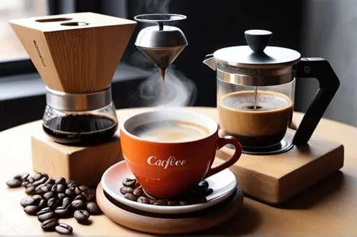 Prompt: Crea una imagen atractiva que muestre diversas formas de preparar café. Incluye una prensa francesa, un V60, una cafetera de goteo, y un Aeropress, todas cuidadosamente dispuestas sobre una mesa de madera rústica. Asegúrate de que cada método esté acompañado de sus respectivos accesorios (filtros, tazas, molinillos, etc.) y muestra paquetes de café de especialidad junto a cada uno. La iluminación debe ser cálida y acogedora, destacando los colores naturales de los granos de café y los equipos.