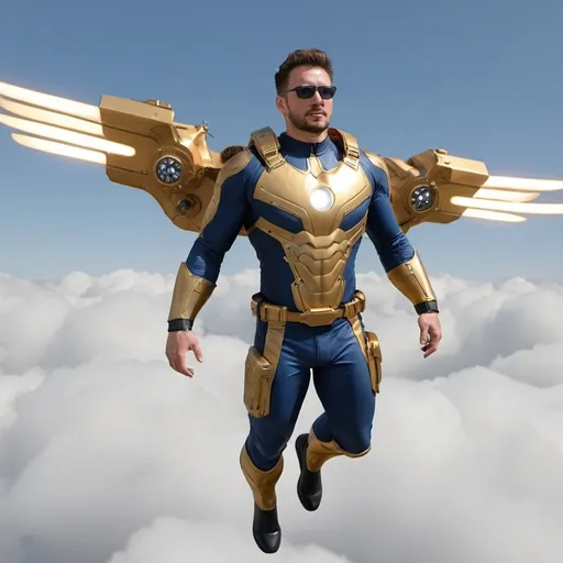 Prompt: <mymodel> man flying wearing guilder suite with thrusters like marvel