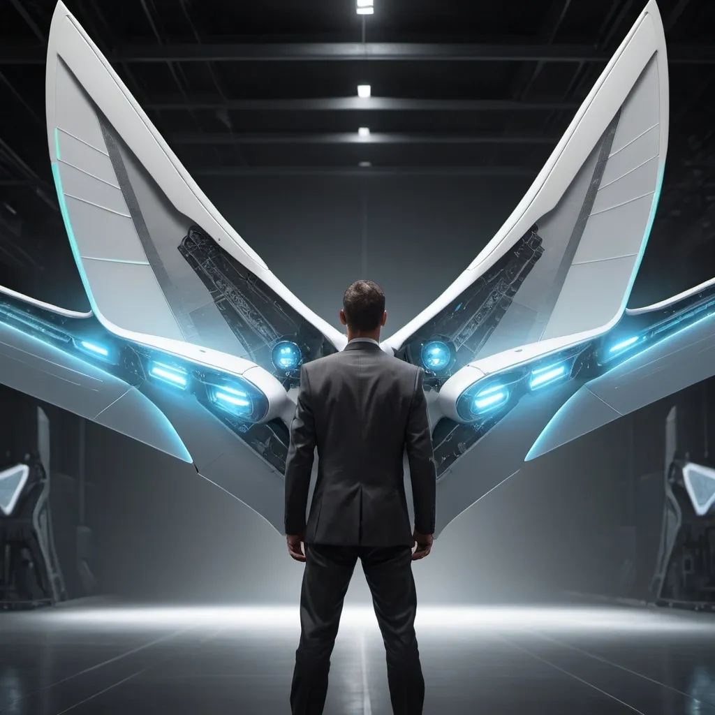 Prompt: man with futuristic flying wing
