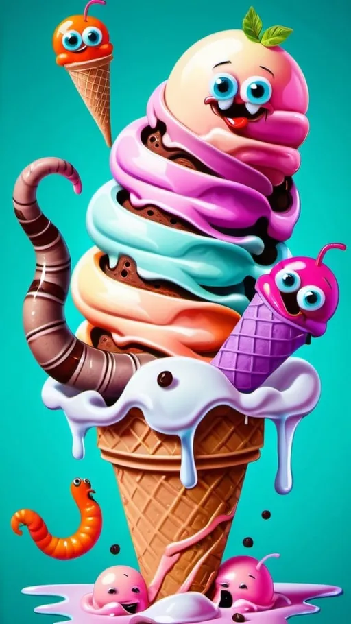 Prompt: Worms eating ice cream, surreal digital illustration, vibrant colors, playful and whimsical, detailed textures, high quality, surreal, digital art, vibrant colors, playful, whimsical, detailed textures