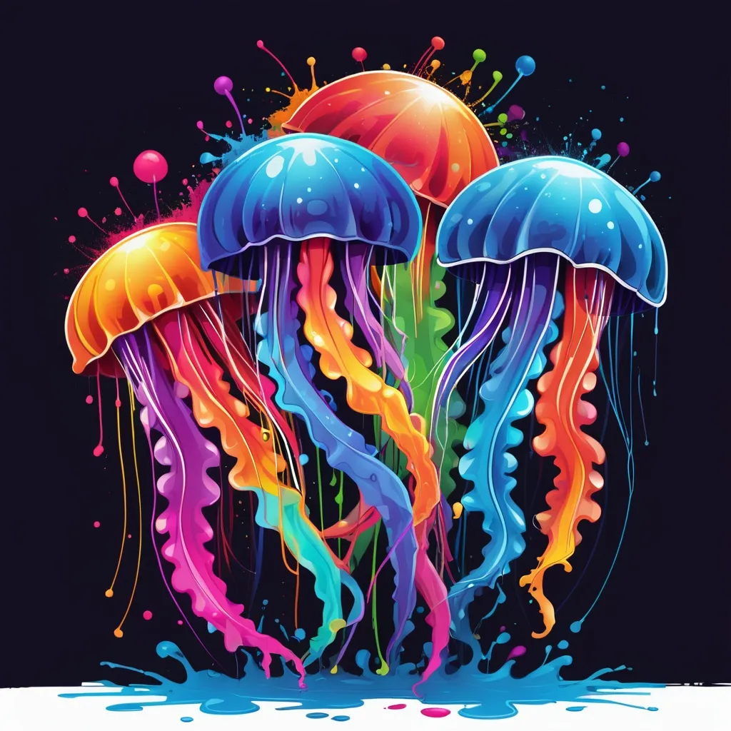 Prompt: Colorful graffiti illustrations of jellyfish. paint splashes, vector t-shirt art, white background