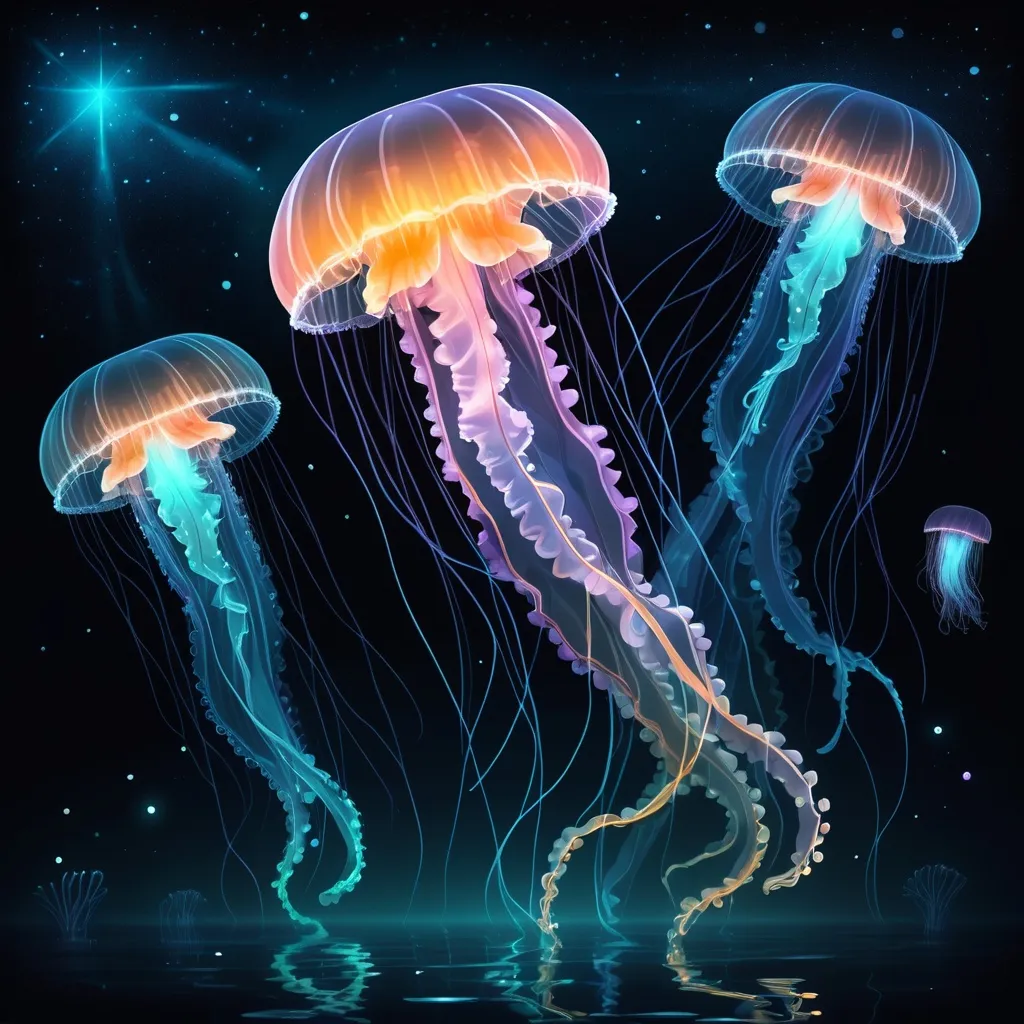 Prompt: Glowing jellyfish swimming in a dark sea. Luminescent plants and stars in the night sky reflected in the water.