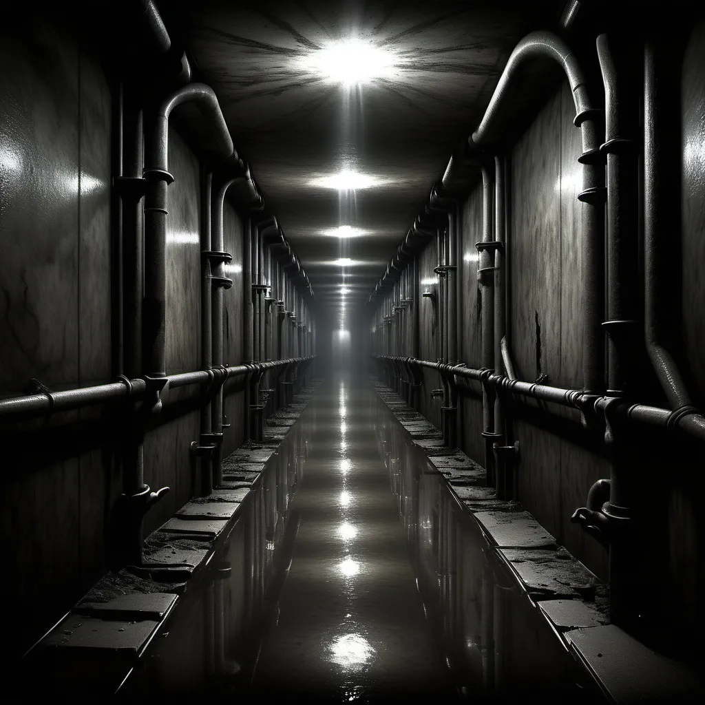 Prompt: Labyrinthine hallways of cold, pulsating metal, embedded walls flickering with shifting, silent screaming faces, ominous ambiance. Viscous fluids oozing from drakengates clasped by twisting pipes, unnaturally lively floors humming with chaotic energy. The atmosphere is oppressive and eerie, highlighted by dim, unsettling lighting creating deep shadows. Ultra-detailed, 4K quality, cinematic masterpiece evoking a sense of anxiety and wonder.