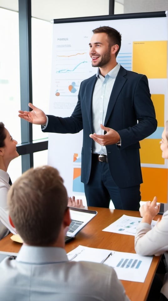 Prompt: Professional man giving presentation to happy businesspeople 