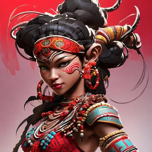 Prompt: Generate an AI-artwork featuring a strong and flexible female character from a tribal background. She wears vibrant red attire with tribal patterns and is adorned with various accessories like beaded necklaces, bracelets, and feathered earrings. She wields a tribal-designed bow as her weapon, and her dynamic pose showcases her flexibility and readiness for action. Emphasize a stylized, fantasy aesthetic with weak rendering, bold coloring, and a focus on accessories and strong poses rather than high-rendered details.