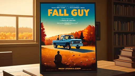 Prompt: A man and a woman sitting in a truck, movie poster, the words "Fall Guy" displayed prominently, on a table next to a book, Brian 'Chippy' Dugan, american realism, poster art, dramatic warm color tones with golden hour lighting, minimalist background with hints of autumn scenery, crisp and detailed, high-quality, 4K, ultra-detailed.