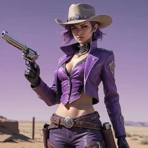 Prompt: A female human gunslinger wielding two revolvers in futuristic attire while still looking like a cowboy, similar of that to Boothill from Honkai: Star Rail but the color palette is purples and cool tones.