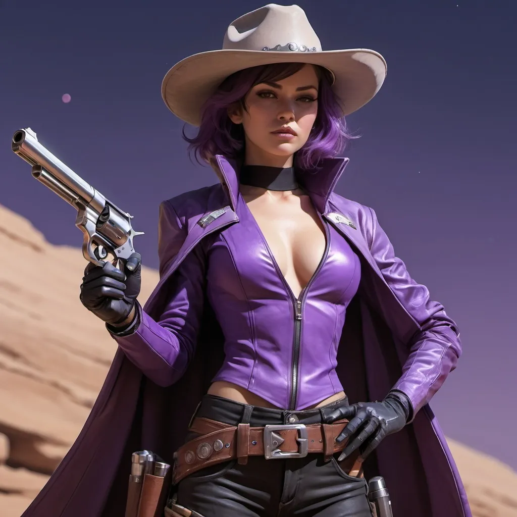 Prompt: A female human gunslinger wielding two revolvers in futuristic attire while still looking like a cowboy, similar of that to Boothill from Honkai: Star Rail but the color palette is purples and cool tones. Add a bit more futuristic touches, similar to Star Wars or space themed like the Guardians of the Galaxy. Still retro cowboy at the core but heavily leaning into the future / space attire like the references I listed above. 