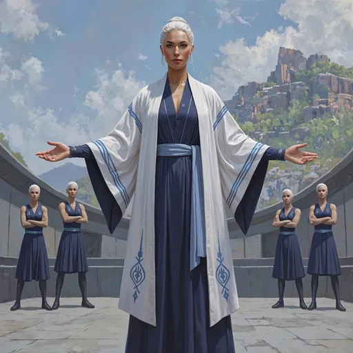 Prompt: A woman in her late thirties with the confidence of someone who is experienced in leadership with a calm complexion. She is a tan skinned woman with white hair put in a low bun is dressed in navy colored regal robes with an open white robe covering her containing accents of blue designs. A light blue sash hangs around her waist. Navy blue bands wrap her wrists. She is standing in an open amphitheater teaching a four students with tan skin and white hair dressed in navy and white uniforms. inspired by Clint Cearley, fantasy art style, concept art, ultra-detailed, vibrant colors, dynamic composition, enchanting ambiance, awe-inspiring landscape, intricate details, digital mastery.