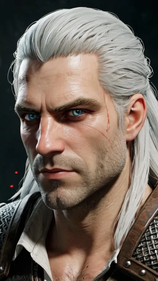 Prompt: Witcher from the world of The Witcher with heavenly hair, heavenly eyes, and muscles