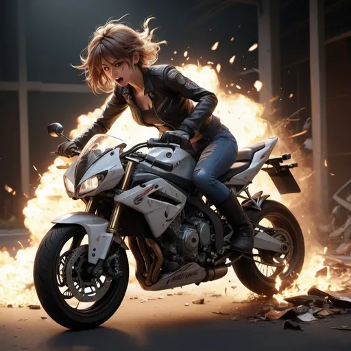 Prompt: Realistic depiction of a motorcycle crash, anime girl, dramatic lighting, detailed anatomy, realistic style, intense emotion, high quality, detailed debris, dynamic pose, realistic lighting, professional art, realistic shadows, realistic anatomy, intense expression, anime style, professional rendering