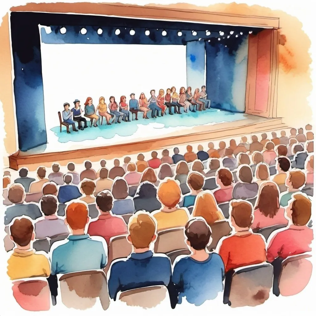 Prompt: An audience watching a musical in a cartoon water color style