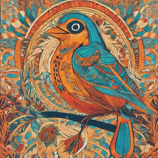 Prompt: a bird singing, looking towards you, use bright colors and simple lines as for a wall mural, surround it with Indian patterns