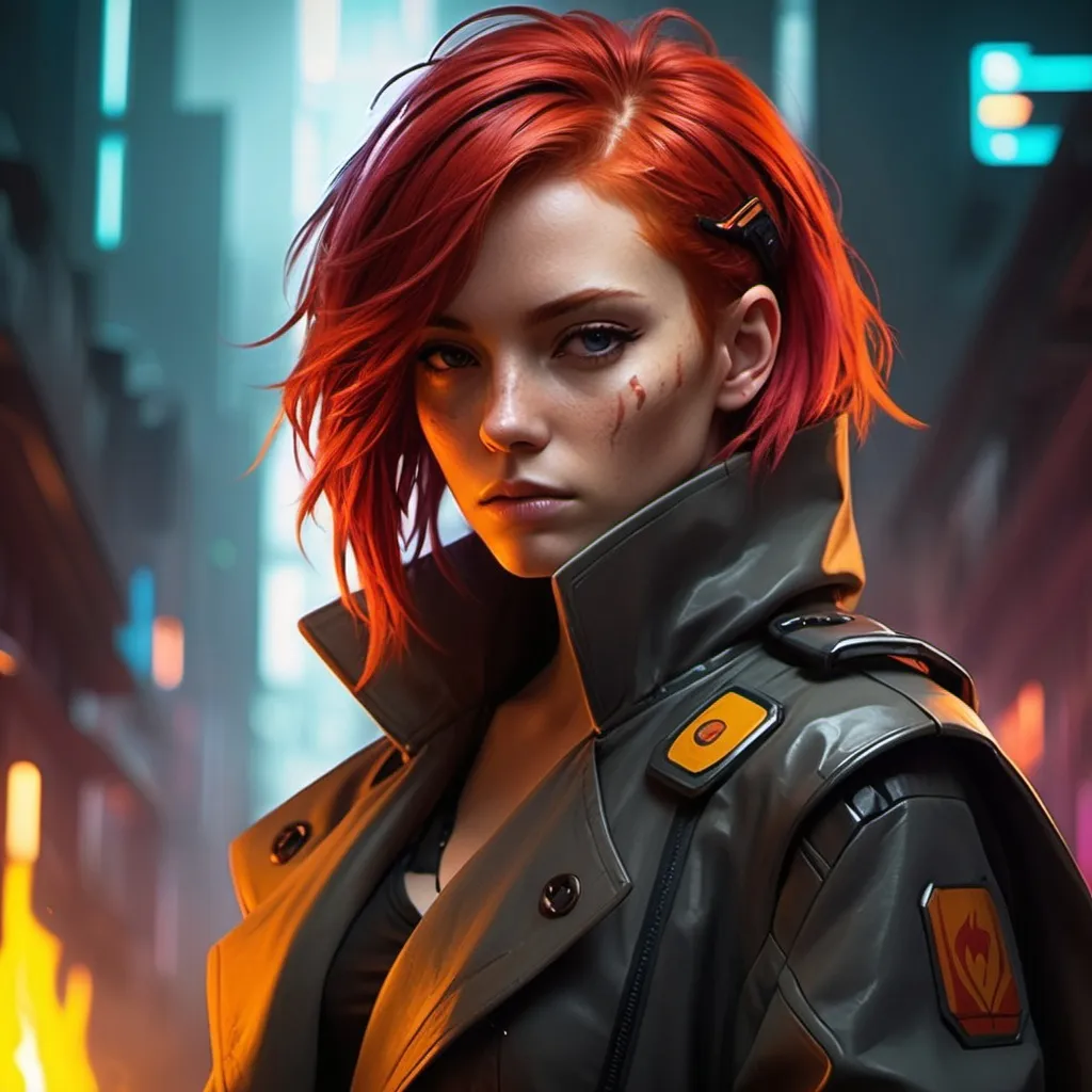 Prompt: Cyberpunk female protagonist with red hair with fiery highlights wearing shoulder cape that has trench coat 